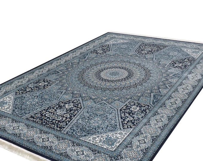 Enigmatic Night Silk Medallion Rug - Navy - 1248B