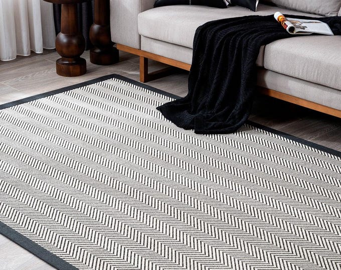 Black Herringbone Area Rug, Sisal Look Rug, Neutral Modern Carpet, Scandinavian Living Room Rug, Farmhouse Bedroom Rug