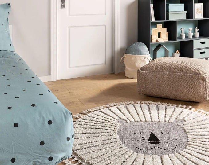 Lion Nursery Rug, Ecru Kids Carpet, Antiallergic Children's Room Decor