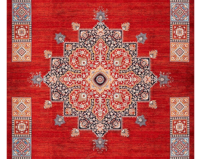 Red Oriental Area Rug – Traditional Turkish Style Carpet with Medallion Design, Soft Living Room Rug with Fringe