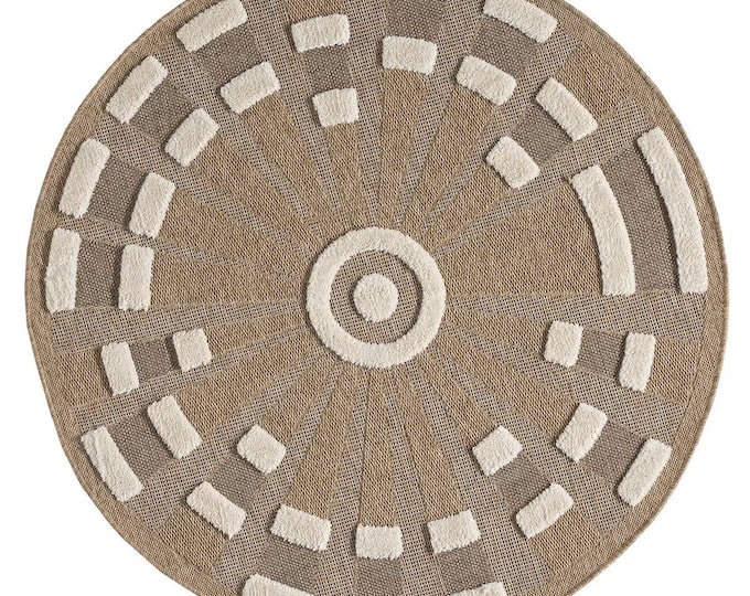 Natural colored, round, decorative jute rug, machine-made. Long-lasting and durable.
