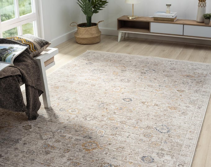 Beige Traditional Fringed Rug – Soft Micro Polyester, Stain-Resistant