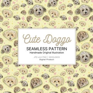 Peut inclure: Un motif répétitif illustrant des têtes de chiens marron clair, des petits nœuds roses et des cœurs jaunes sur fond jaune pâle. Un rectangle blanc central affiche le texte Cute Doggo SEAMLESS PATTERN Handmade Original Illustration JPG and PNG 3600x3600 Digital Product.
