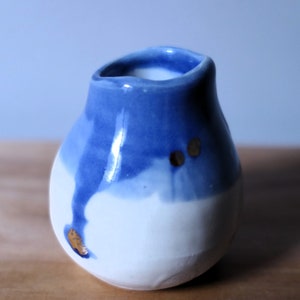 Handmade Small Bud Vase - Blue, White, & Gold Accent Ceramic Pottery, Unique Flower Holder, Artisan Crafted Home Decor