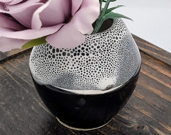 Speckled Black and White Ceramic Hand Made Bud Vase - Reflective Double Pattern