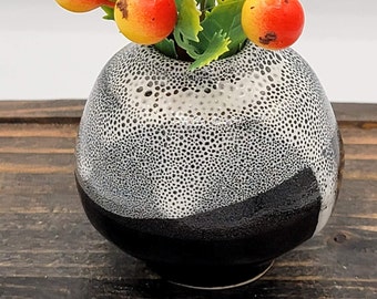 Speckled Black and White Ceramic Hand Made Bud Vase - Angled Ledge pattern