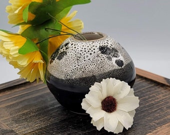 Speckled Black and White Ceramic Hand Made Bud Vase - Pure Dome Pattern