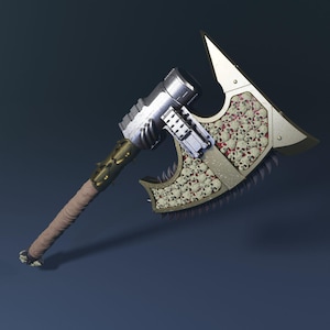 May include: A detailed fantasy axe with a silver head and a handle wrapped in tan material. The axe head features a skull design with red accents and a jagged blade. The handle has gold accents.