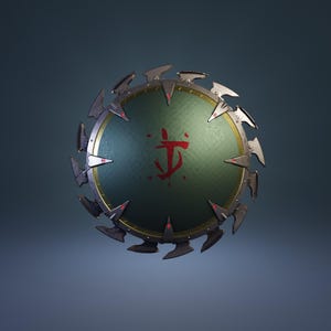 Puede incluir: Un escudo circular metálico con un centro verde y un símbolo rojo. El escudo está rodeado por una serie de afiladas cuchillas plateadas. El borde exterior es de color dorado. Las cuchillas tienen detalles rojos.