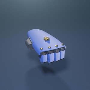 May include: A blue robotic hand with gold accents. The hand features a gold emblem on the back and gold rivets. The fingers are segmented and detailed. A silver ring is attached to the hand.