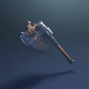 May include: A detailed fantasy axe with a wolf head design. The axe head is dark gray with a row of teeth along the bottom edge. The handle is wrapped in brown leather. Red and gold accents add detail to the weapon.