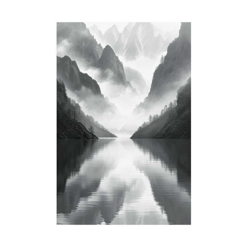 Peaceful Mountain Lake Reflections Wall Decor Black and White Mountain