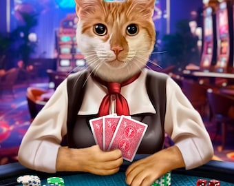 Pets playing poker, custom pet portrait, dogs playing poker, cat playing in a casino, dog playing cards, birthday gift for friend, poker art