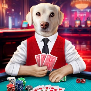 Chiens jouant au poker, portrait d'animal de compagnie personnalisé, animaux de compagnie jouant au poker, chien jouant dans un casino, animaux de compagnie jouant aux cartes, chien jouant au blackjack, cadeau pour papa