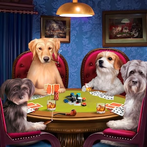 Retrato de mascota personalizado, perros jugando al póquer, mascotas jugando al blackjack, pintura de gato personalizada, arte divertido de perro, regalo navideño para esposa