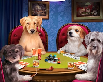 Custom pet portrait, dogs playing poker, pets playing blackjack, personalized cat painting, funny dog art, holiday gift for wife
