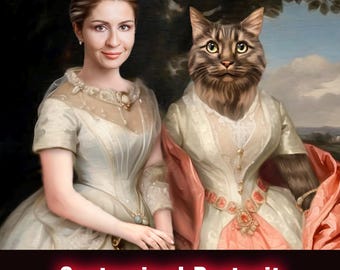 Personalized portrait for owner and pet, Christmas gift for friend, royal pet portrait, pet in Victorian dress, gift for a dog lover