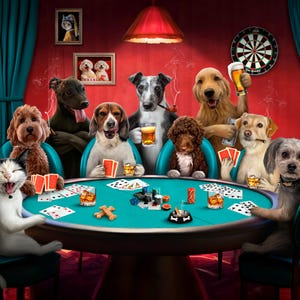 Może przedstawiać: Grupa psów i kot grających w karty przy zielonym stoliku w kasynie. Psy są ubrane w ludzkie ubrania i trzymają karty oraz napoje. Kot siedzi na krześle i śmieje się. Scena jest zabawna i figlarna.