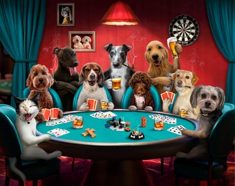Custom Portrait vom Foto, mehrere Haustiere Portrait, Poker spielende Haustiere, personalisiertes Poker Portrait, lustiges Haustier Geschenk, Neffe Geburtstagsgeschenk