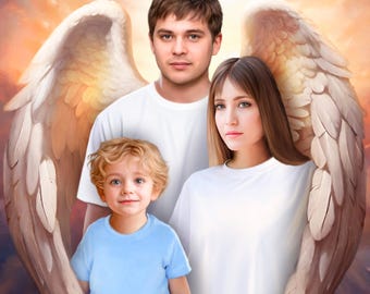Arte personalizado en memoria de un ser querido, Retrato personalizado de un ángel conmemorativo, Homenaje a la familia por la pérdida de un ser querido, Retrato familiar del ángel de la guarda, Regalo conmemorativo por la pérdida de un ser querido