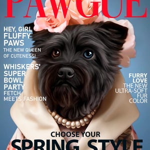 Pet magazine cover, custom pet portrait from photo , dog in glossy style, funny dog portrait as cover star, custom magazine cover