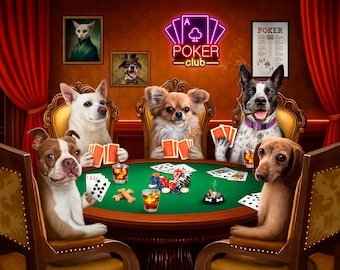 Custom Pet Poker Portrait, Pets Playing Cards, Funny Dog Art, Personalized Pet Canvas, Gift for Him, Pet Poker Night, Personalized pet gift