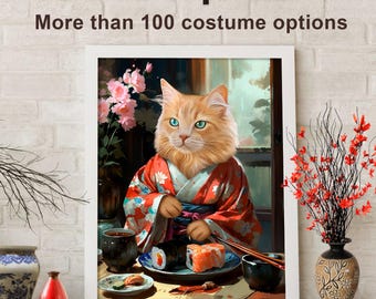 Sister gift, graduation gift, pet lover gift, birthday gift for mom, pet in Japanese style, cat in kimono, dog samurai, pet portrait.