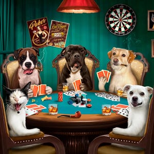 Aangepast huisdierportret, honden die poker spelen, honden speelkaarten, gepersonaliseerd pokerportret, grappig huisdiercadeau, verjaardagscadeau voor vader