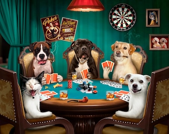 Tierportrait nach Kundenwunsch, Poker spielende Hunde, Kartenspiel, personalisiertes Poker Portrait, lustiges Haustier Geschenk, Geburtstagsgeschenk für Vater