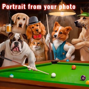 Billiard lover gift, custom pet playing billiards, personalized dog portrait, unique pet owner gift, funny cat in billiard club, poker pet