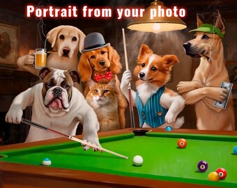 Billardliebhaber Geschenk, lustiges Haustier spielen Billard, personalisiertes Hundeportrait, einzigartiges Haustierbesitzer Geschenk, lustige Katze im Billardclub, Pokerhaustier