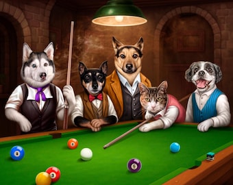 Billiard lover gift, pet playing billiards, personalized pet portrait, custom pet billiard , dog in billiard club, billiard canvas print