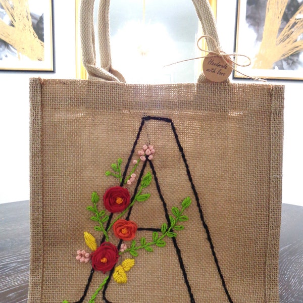 Hand Embroidery Multicolor Flowers Letter “A” Jute Tote Bag.