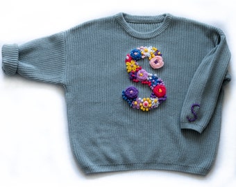 Hand Embroidery Flowers, Personalized Baby Knitted Sweater. Initial Letter. Great for gifts, Holidays, Birthdays….