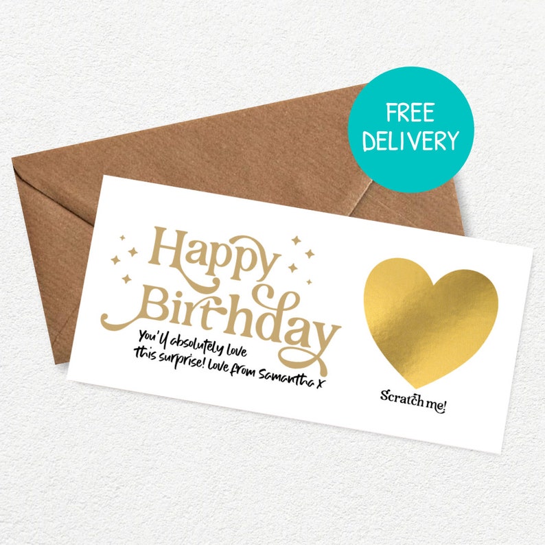 Luxury personalised Happy Birthday Gold heart Scratch Card with Kraft brown envelope