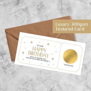 Luxury personalised Happy Birthday Gold Scratch Card with Kraft brown envelope