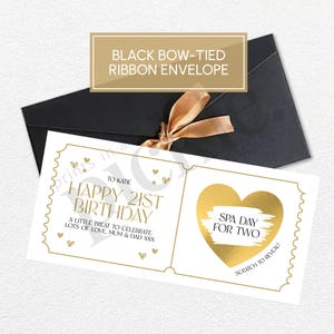 Personalised Birthday Scratch to Reveal Ticket, Holiday Scratch Card Voucher, Any Age 18th, 21st, 30th, Anniversary Gift, Mother's Day, LH01 Black Bow Envelope
