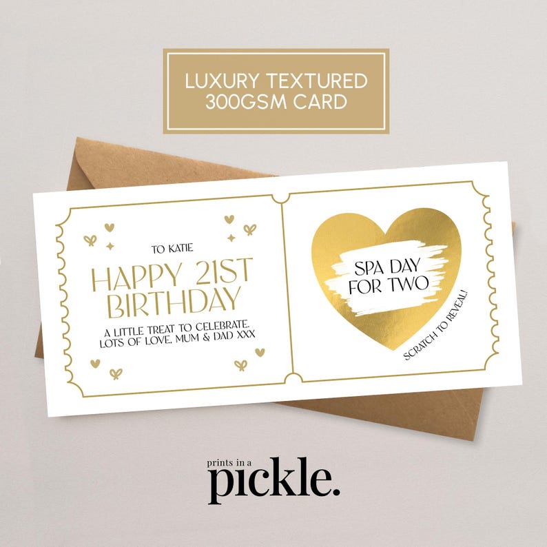 Personalised gold Birthday scratch to reveal surprise gift voucher with Kraft brown envelope.