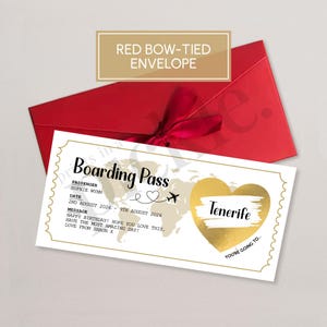 Personalised boarding pass holiday reveal scratch card with red ribbon envelope