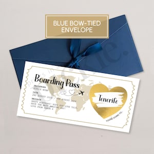 Personalised Scratch Reveal Boarding Pass, Scratch Reveal For Holiday Surprise, Destination Reveal Surprise, Surprise Holiday Ticket Blue Bow Envelope