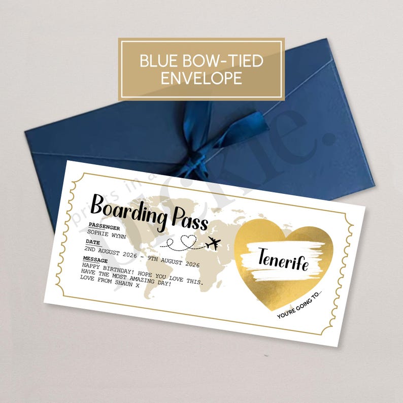 Personalised Scratch Reveal Boarding Pass, Scratch Reveal For Holiday Surprise, Destination Reveal Surprise, Surprise Holiday Ticket Blue Bow Envelope