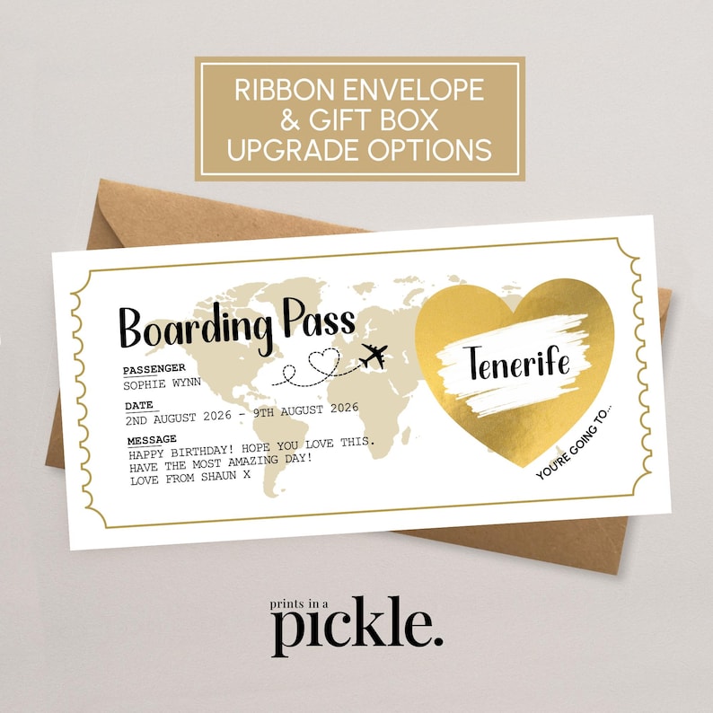 Personalised boarding pass holiday reveal scratch card with Kraft brown envelope