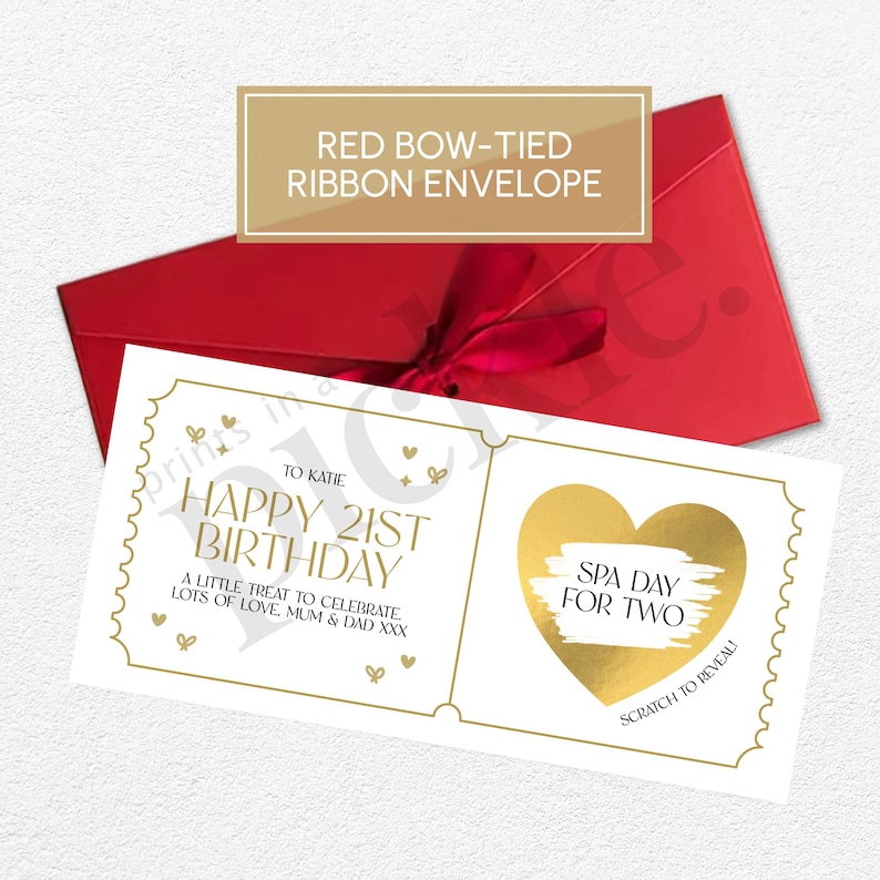 Personalised Birthday Scratch to Reveal Ticket, Holiday Scratch Card Voucher, Any Age 18th, 21st, 30th, Anniversary Gift, Mother's Day, LH01 Red Bow Envelope