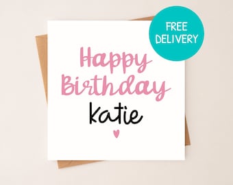 Roze gepersonaliseerde verjaardagskaart, aangepaste verjaardagskaart, roze hart Happy Birthday Card, wenskaart, meisje verjaardagskaart, kaart voor haar