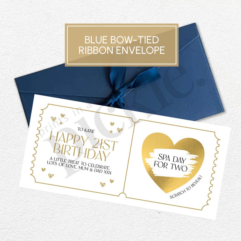 Personalised Birthday Scratch to Reveal Ticket, Holiday Scratch Card Voucher, Any Age 18th, 21st, 30th, Anniversary Gift, Mother's Day, LH01 Blue Bow Envelope