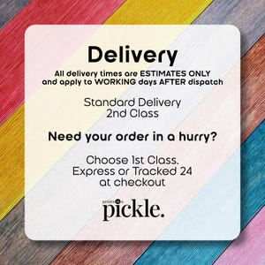 Personalised scratch card express delivery information sign on rainbow wood background