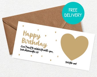 Personalised Luxury Birthday Scratch Card, Birthday Gift | Gold Heart Scratch Card | Scratch to Reveal Ticket | Gift Reveal