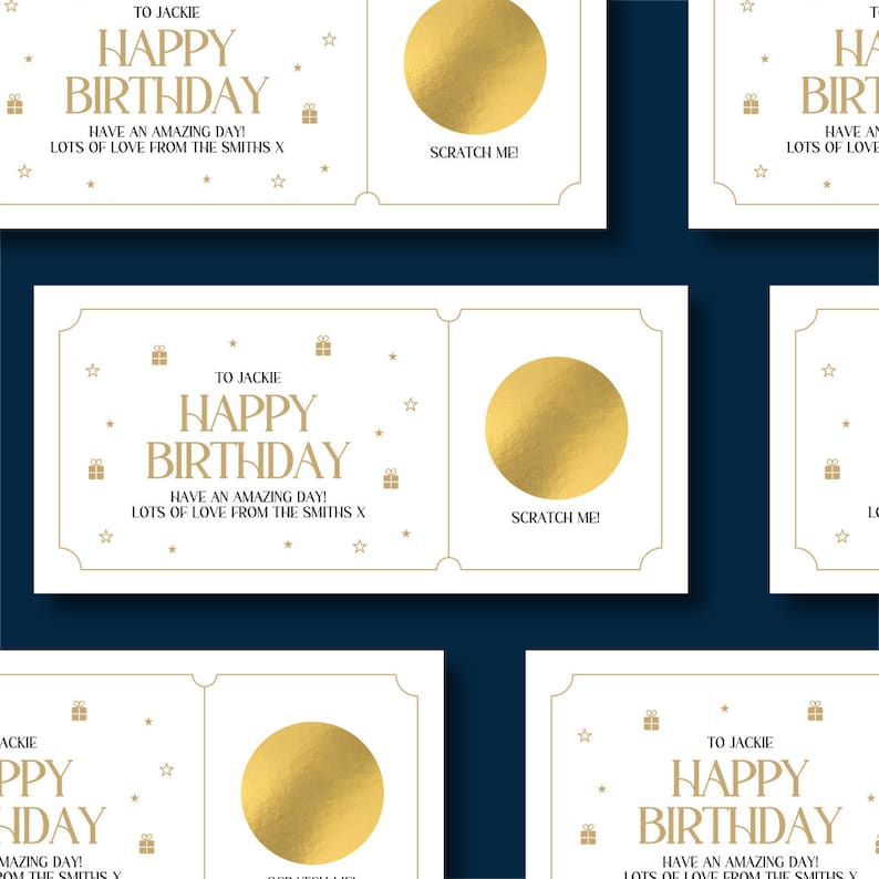 Luxury personalised Happy Birthday Gold Scratch Cards