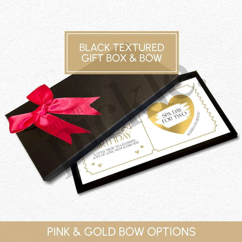 Personalised Birthday Scratch to Reveal Ticket, Holiday Scratch Card Voucher, Any Age 18th, 21st, 30th, Anniversary Gift, Mother's Day, LH01 Pink Bow Black Box