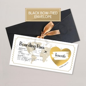 Personalised boarding pass holiday reveal scratch card with black ribbon envelope